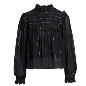Farm Rio Black Metallic Stripe Ruffle Blouse Size M Boho Romantic Top